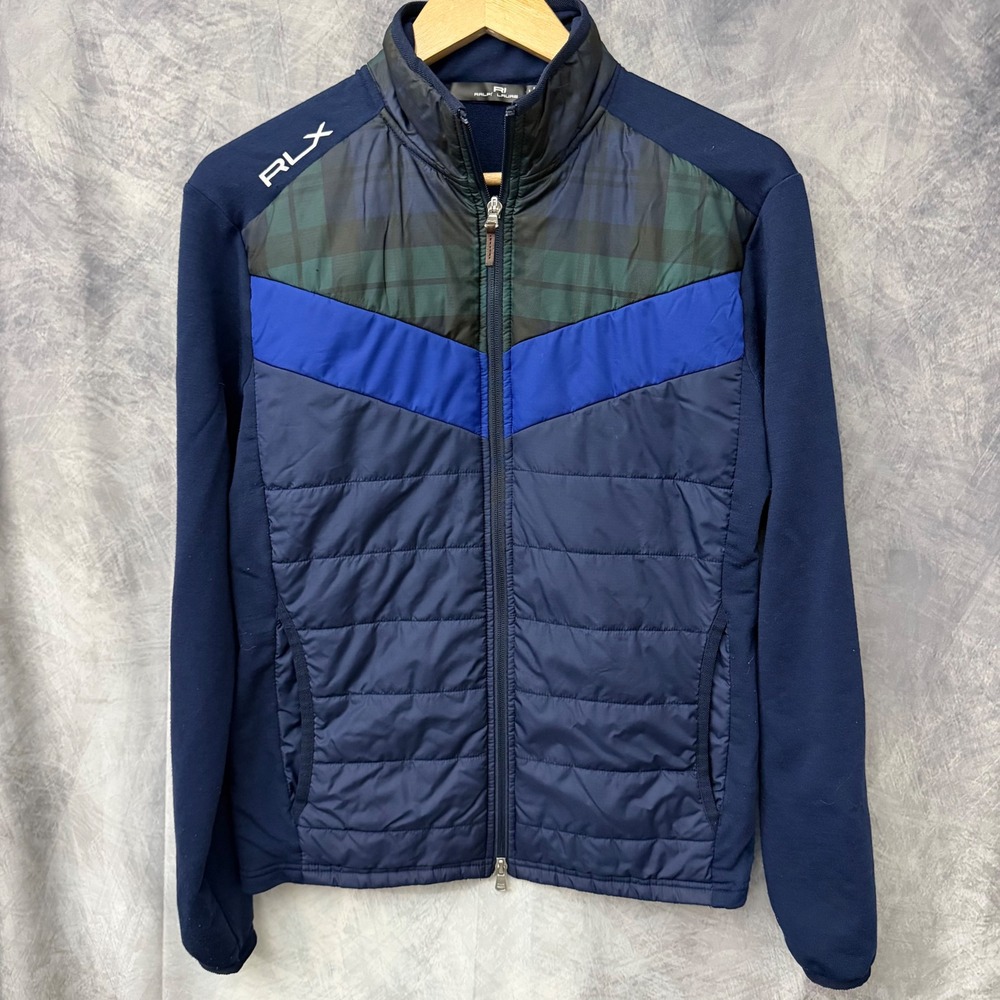 RLX Ralph Lauren Navy Plaid Hybrid Quilted Golf Jacket Mens Small Full Zip